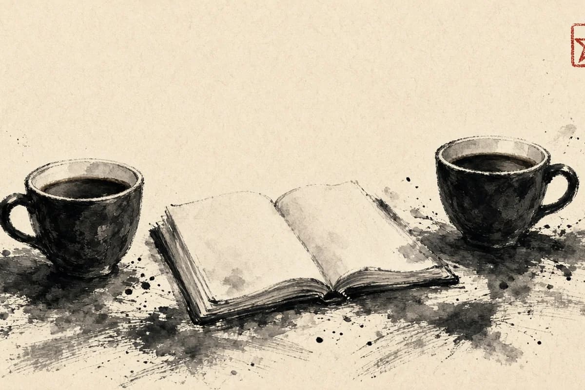 Ink wash of two coffee mugs set on either side of an open notebook.
