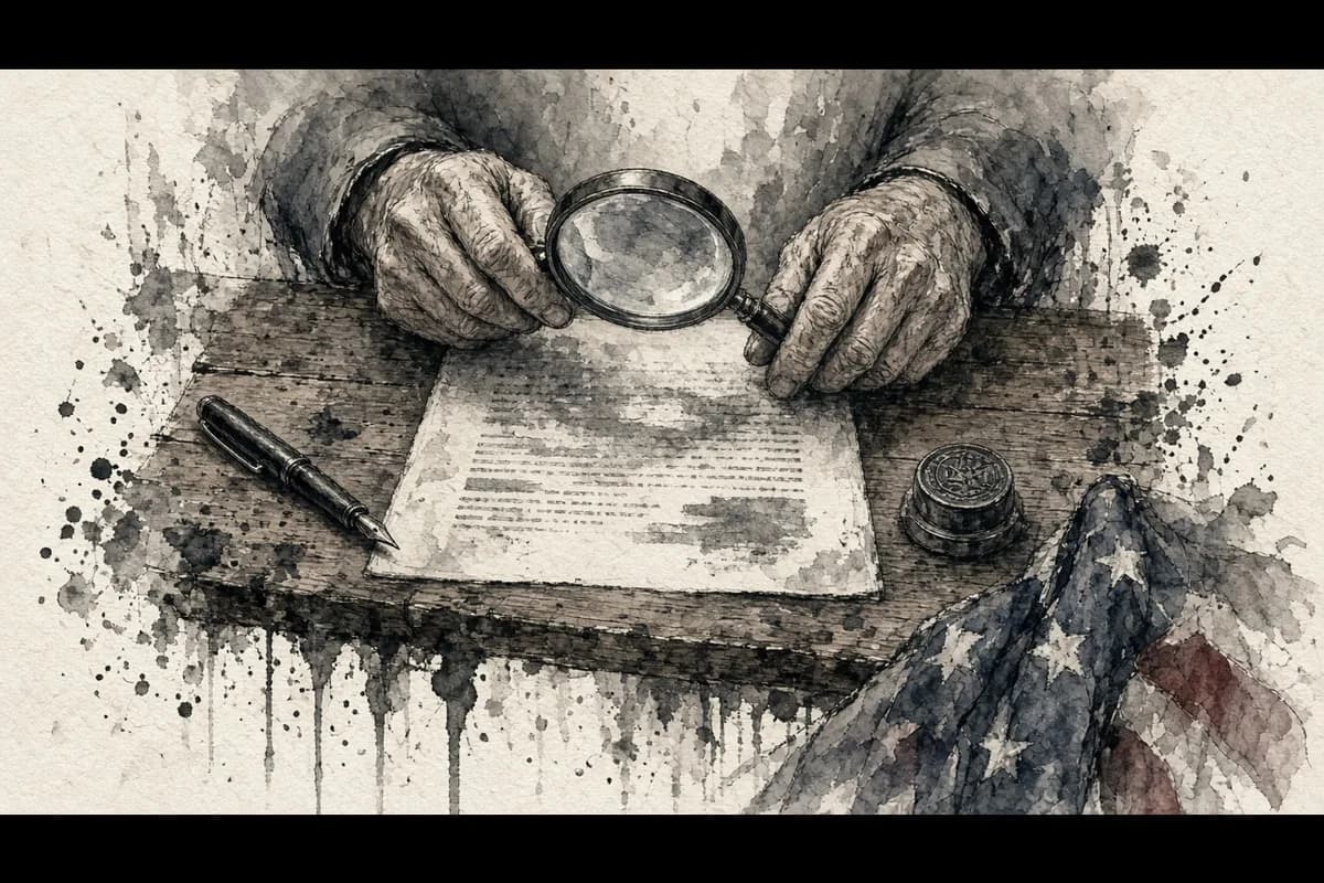 Ink wash of a veteran's hands holding a magnifying glass over an official letter, with a pen and a seal beside it.
