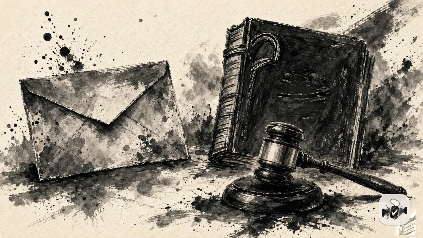 American ink painting in black brush on cream paper, illustrating appeals and decision letters.