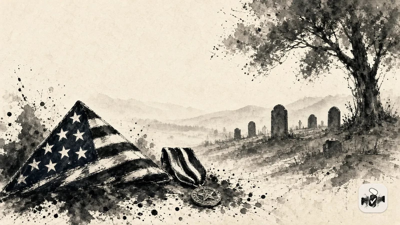 American ink painting in black brush on cream paper, illustrating burial benefits and memorials.