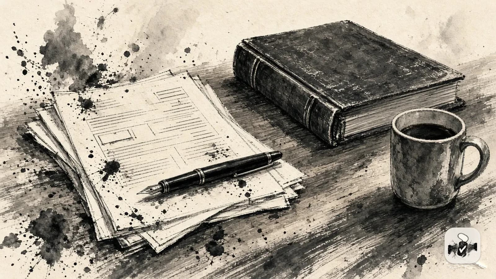 American ink painting in black brush on cream paper, illustrating claim forms and paperwork.