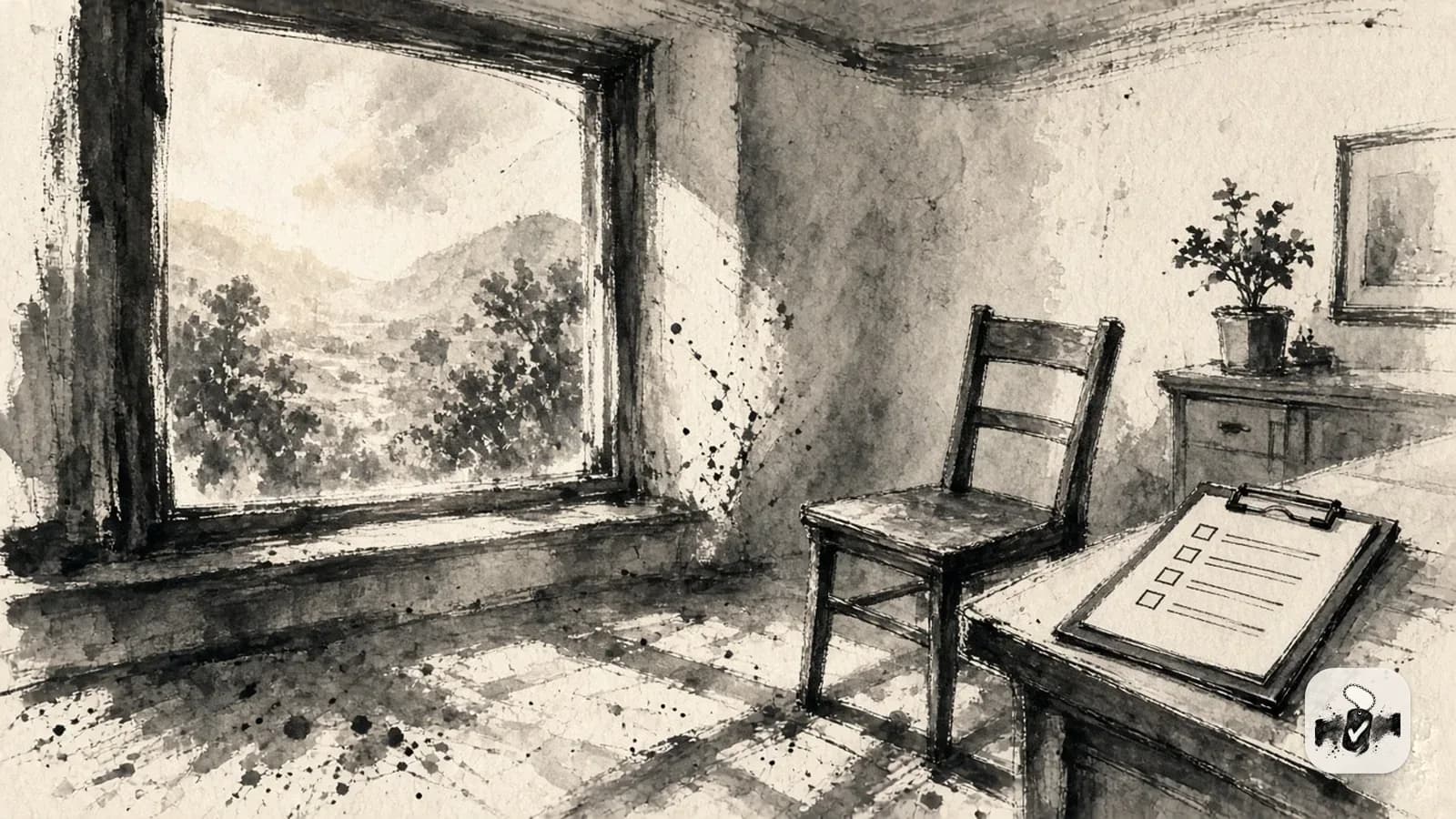 American ink painting in black brush on cream paper, illustrating c&p exams and examiners.