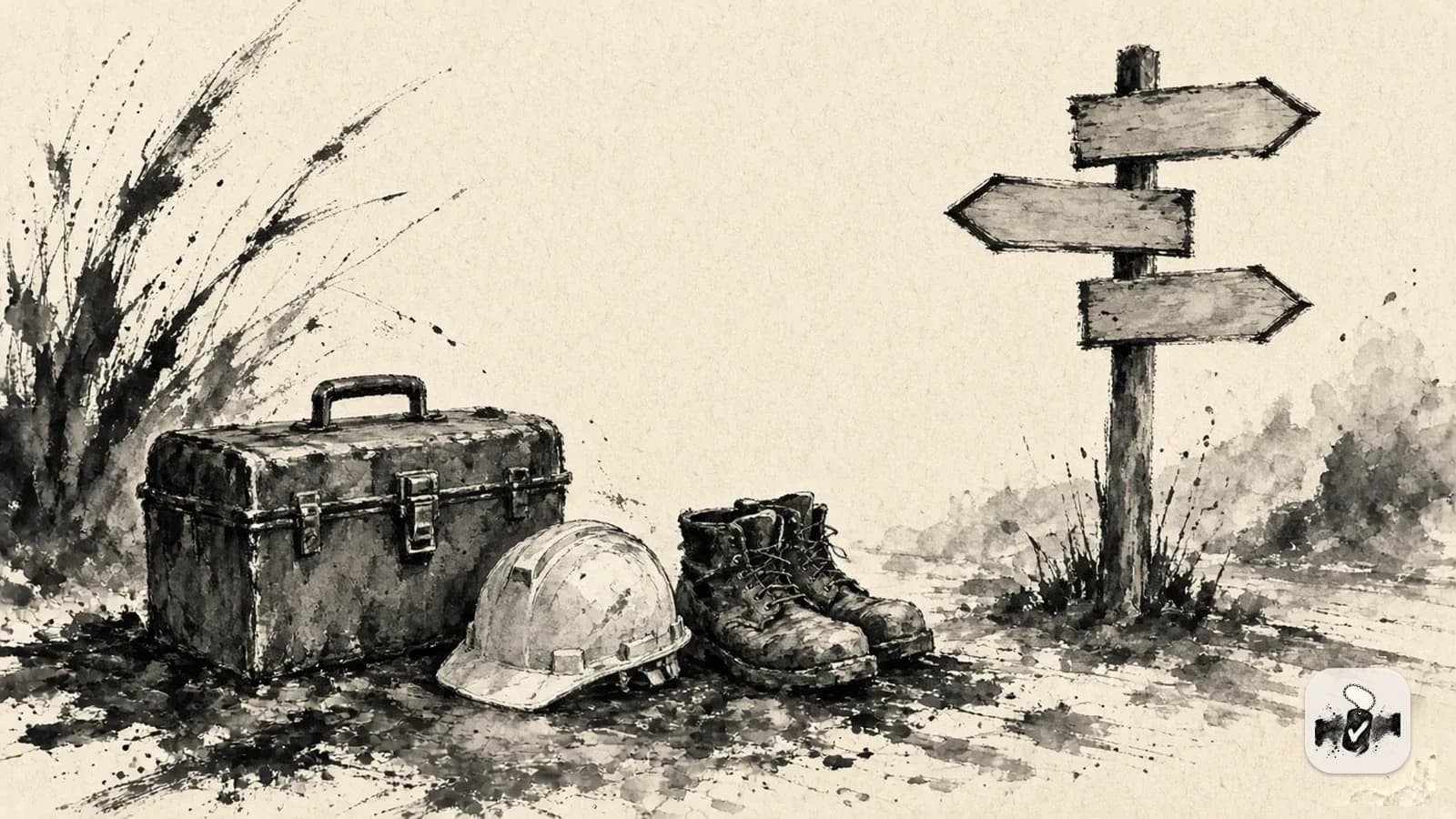 American ink painting in black brush on cream paper, illustrating tdiu, employment and vr&e.