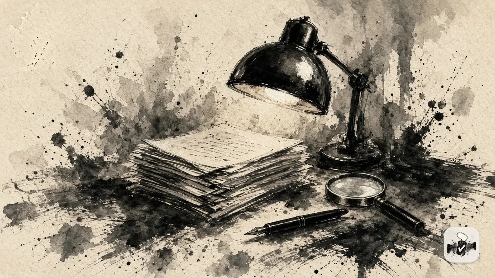 American ink painting in black brush on cream paper, illustrating evidence, nexus letters and statements.