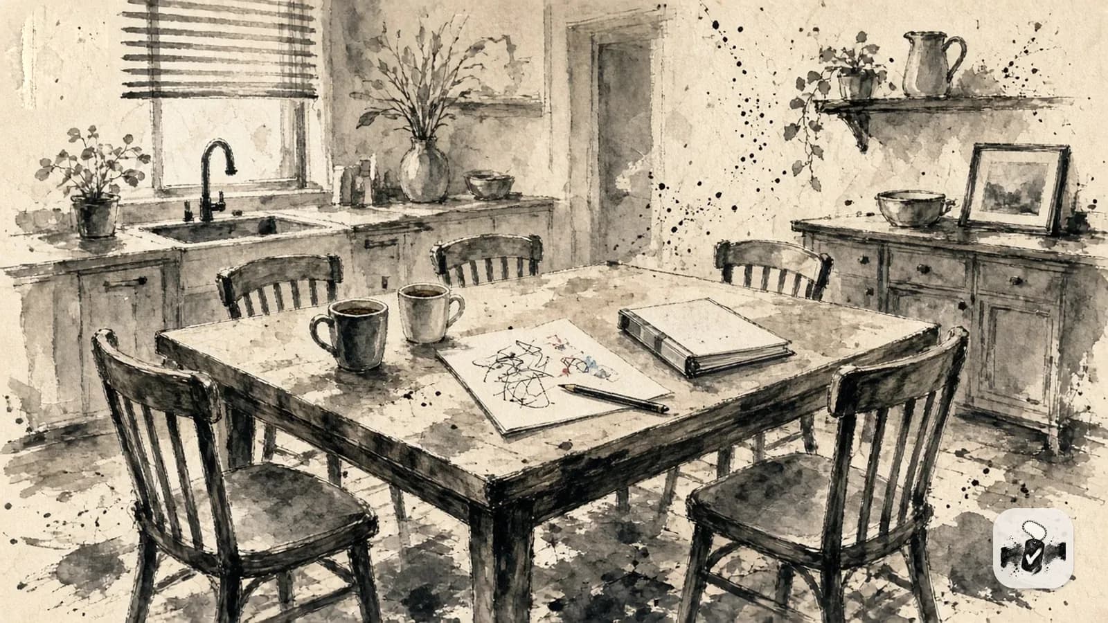 American ink painting in black brush on cream paper, illustrating family, spouse, child and dependents.