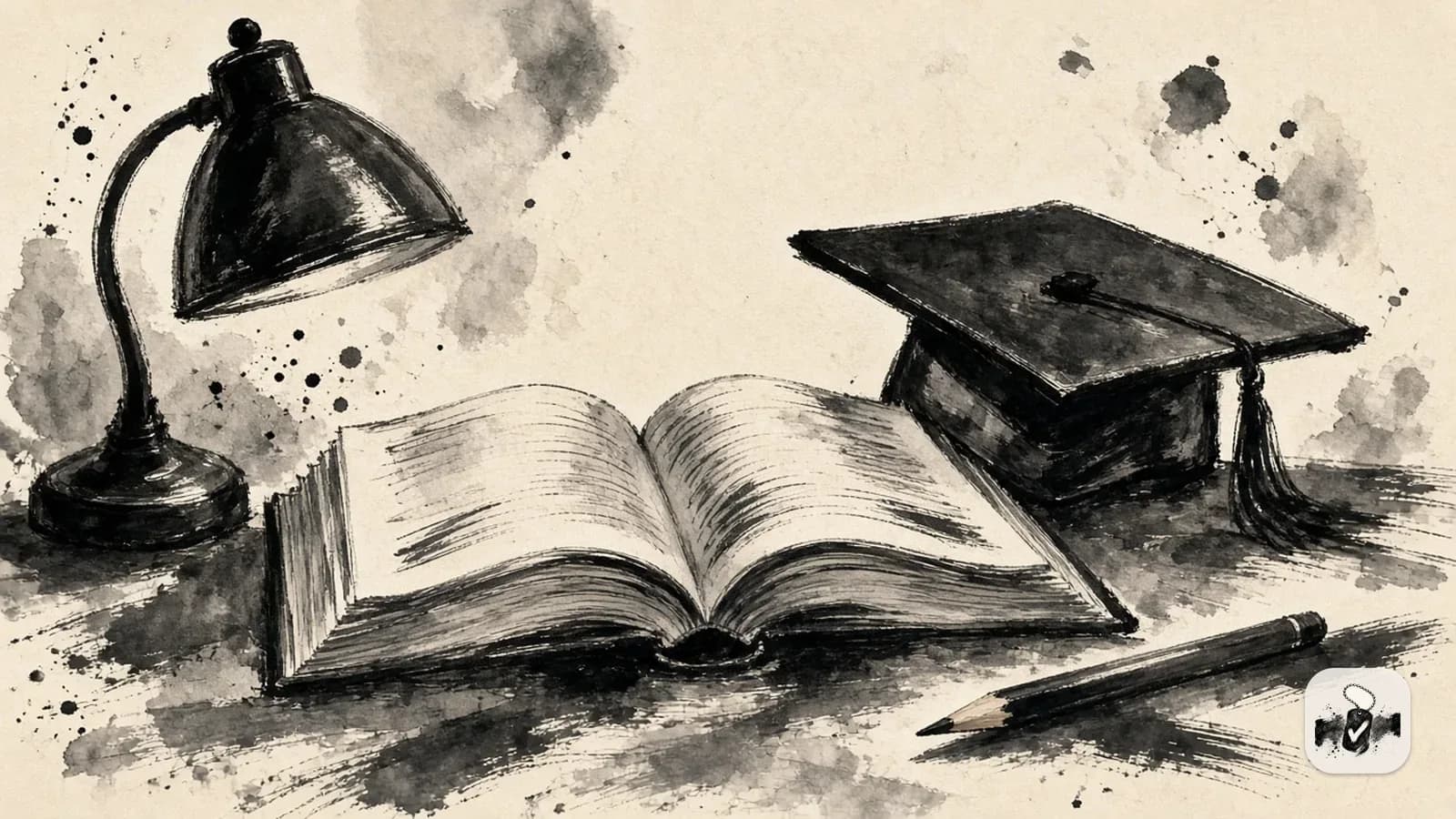 American ink painting in black brush on cream paper, illustrating gi bill and education.