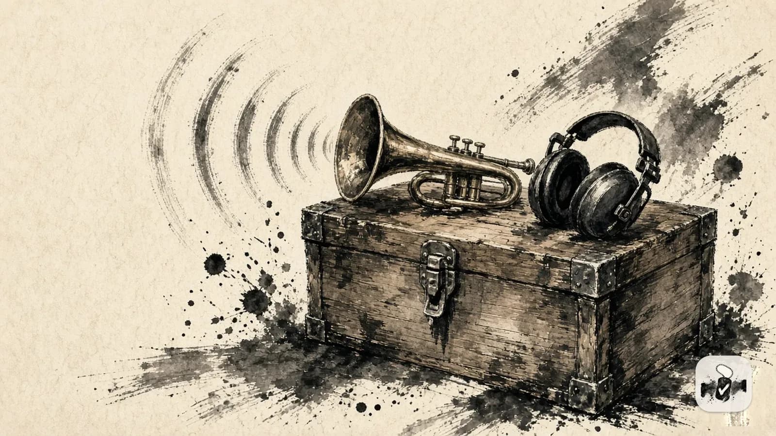 Ink wash of a bugle and over-ear headphones on a wooden footlocker, with sound waves beside the bell.