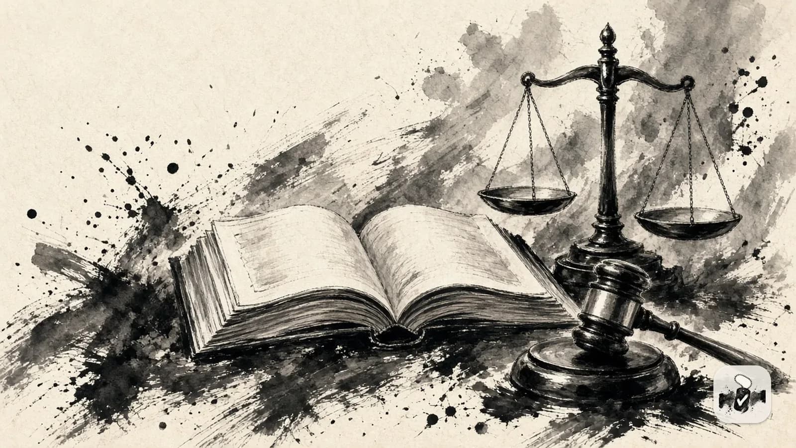 Ink wash of an open law book, a gavel, and a balance scale.