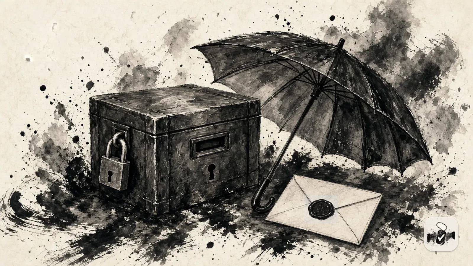 American ink painting in black brush on cream paper, illustrating life insurance.