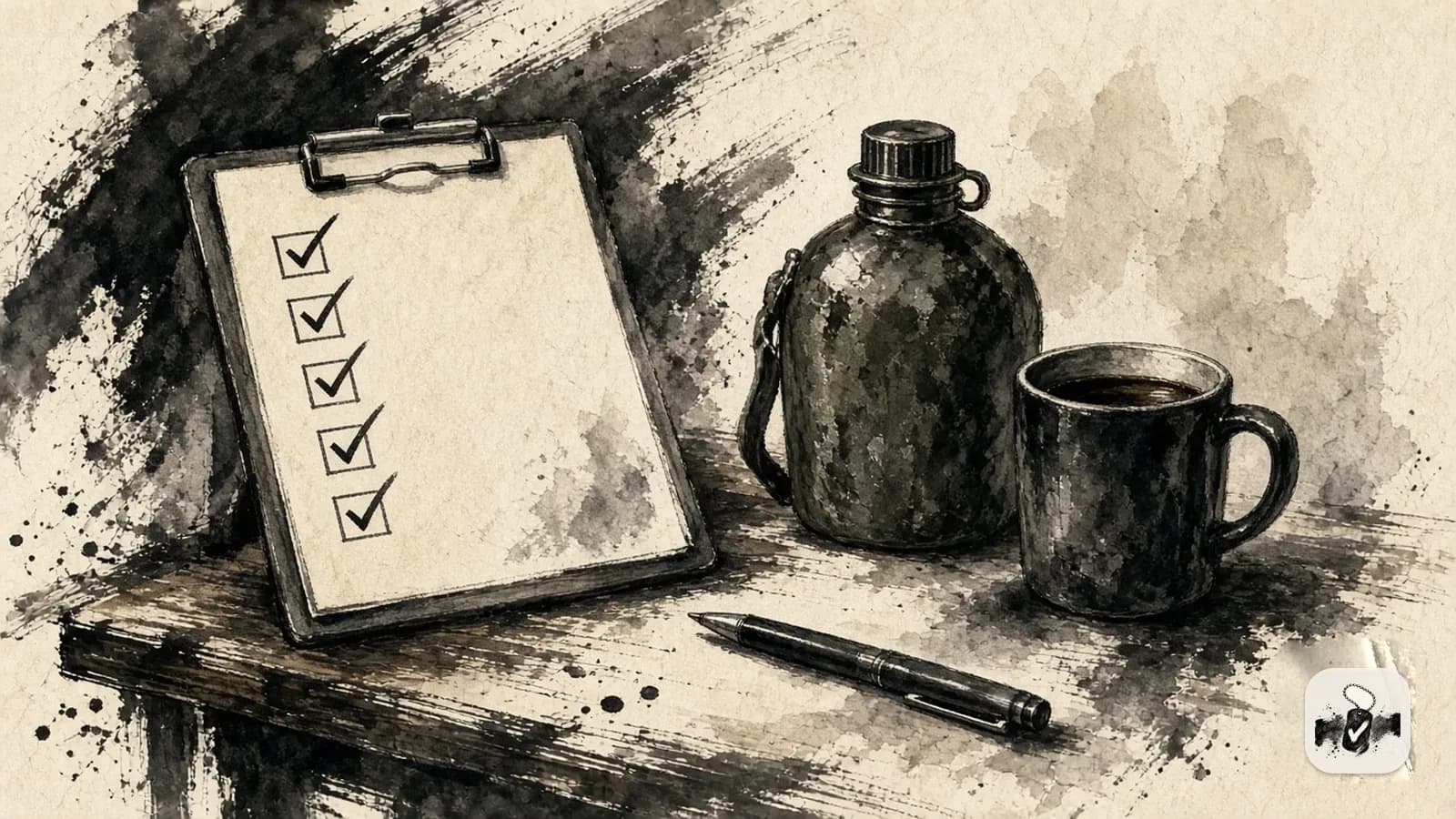 Ink wash of a checked clipboard, a canteen, a coffee mug, and a pen on a wooden table.