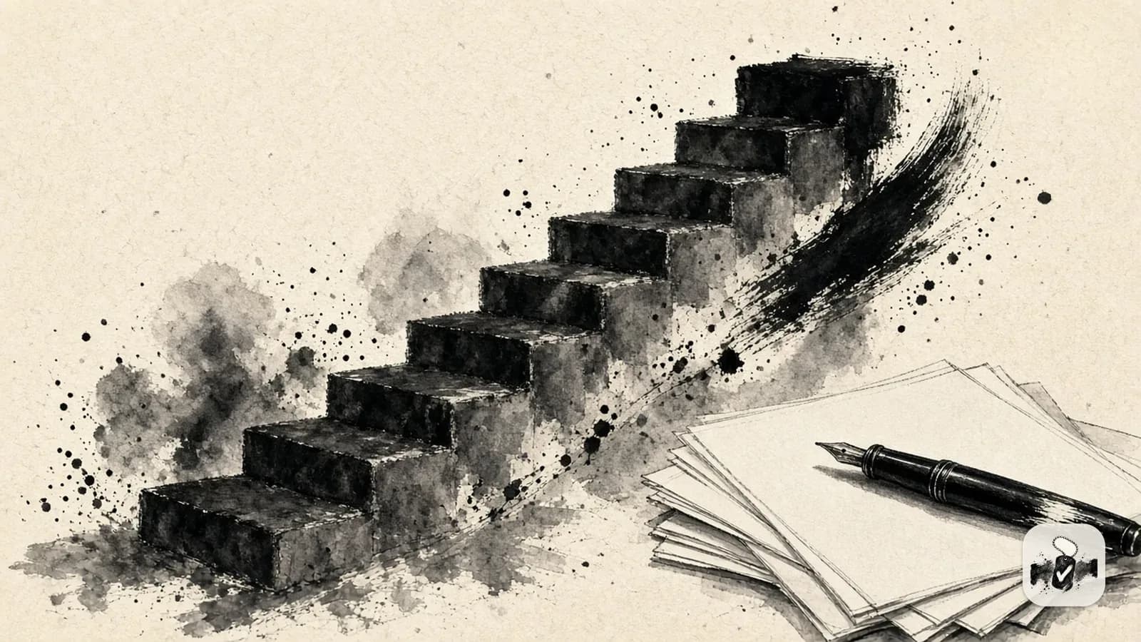 American ink painting in black brush on cream paper, illustrating ratings, percentages and rating protection.