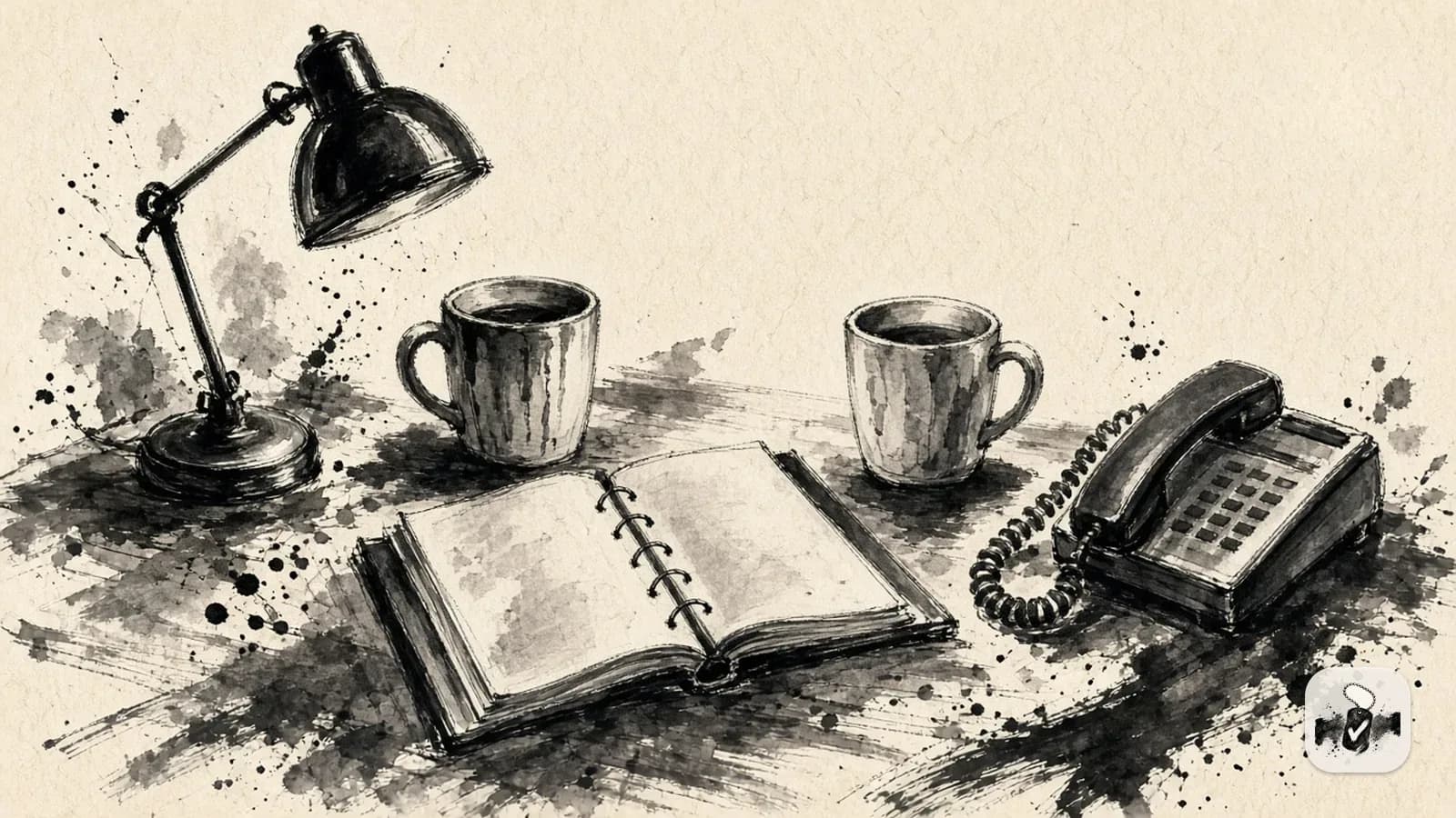 American ink painting in black brush on cream paper, illustrating vsos, representatives and getting help.