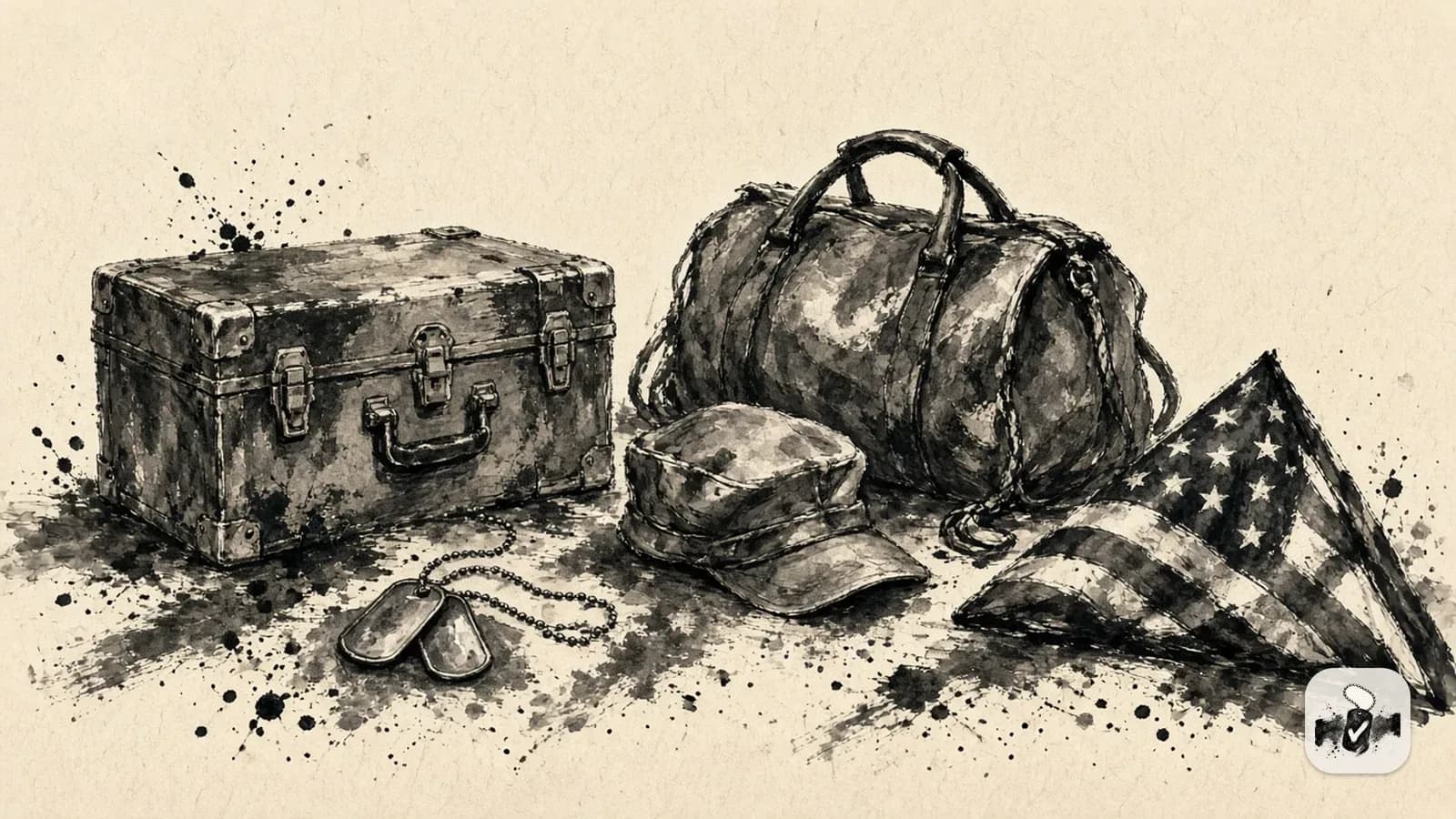Ink wash of a footlocker, a duffel bag, a patrol cap, dog tags, and a folded American flag.