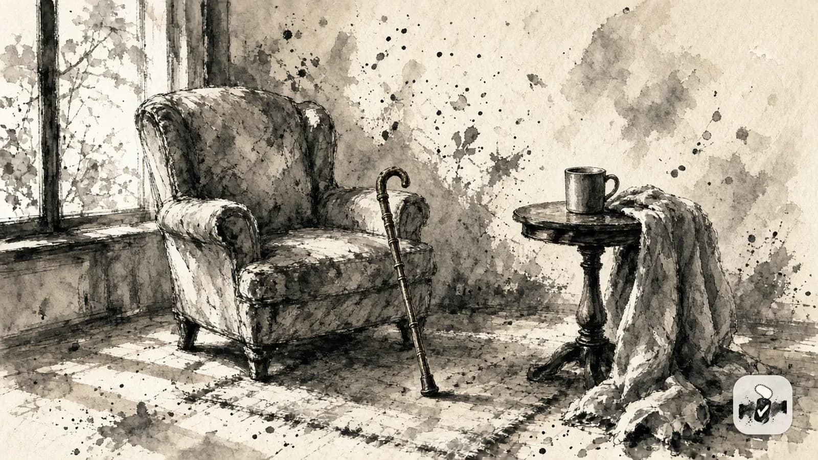 Ink wash of an armchair, a cane, and a blanket draped over a side table by a window.