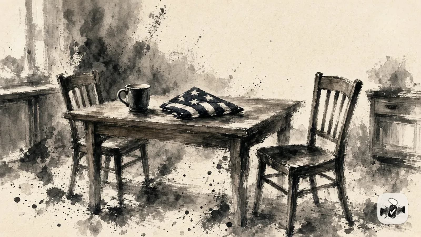 American ink painting in black brush on cream paper, illustrating survivors, dic and sbp.