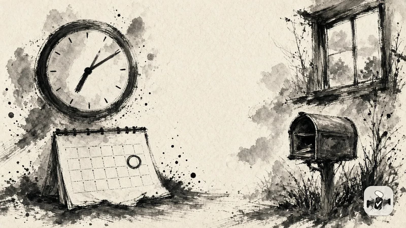 American ink painting in black brush on cream paper, illustrating timelines, claim status and waiting.