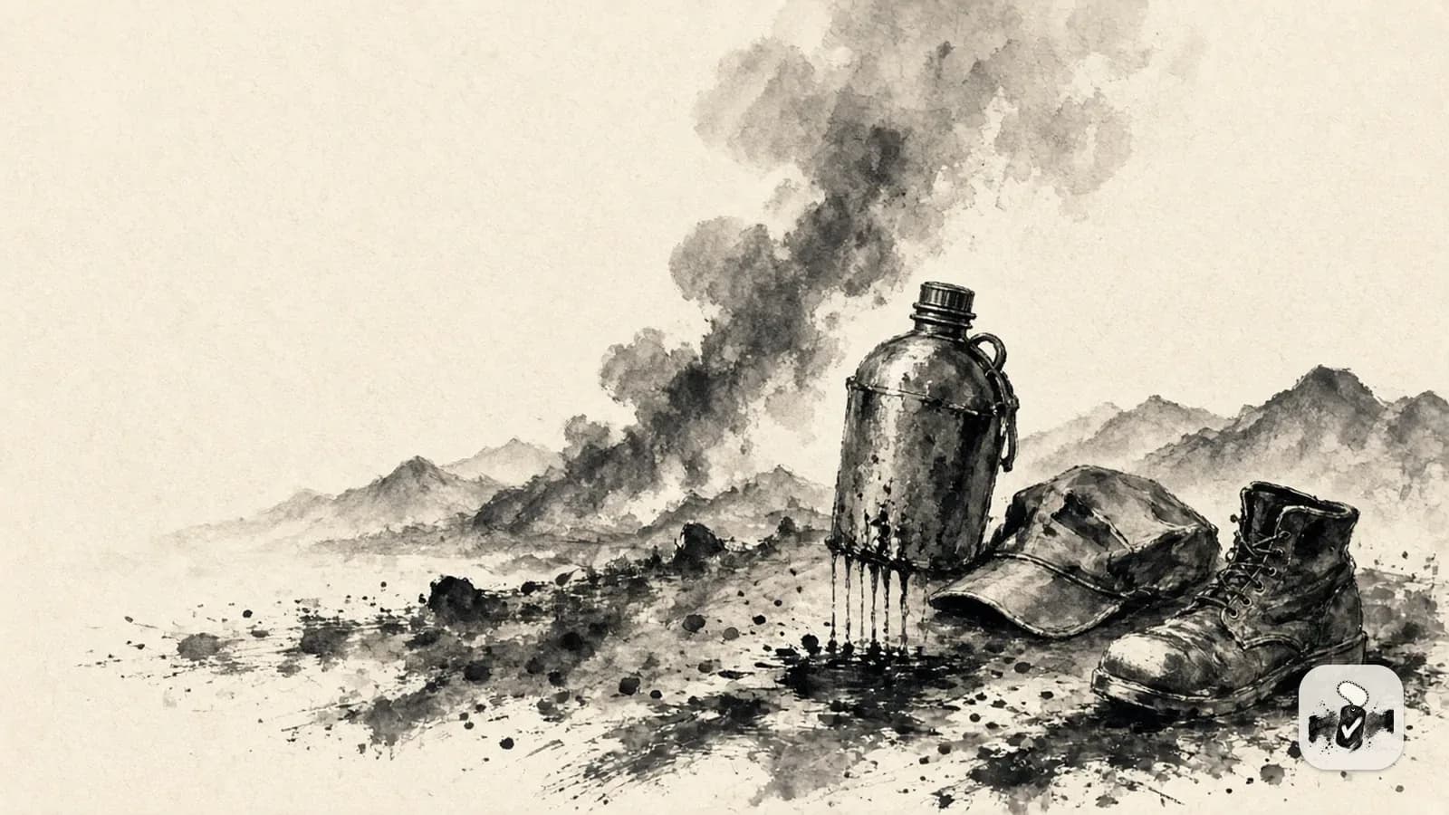 American ink painting in black brush on cream paper, illustrating toxic exposure, burn pits and camp lejeune.