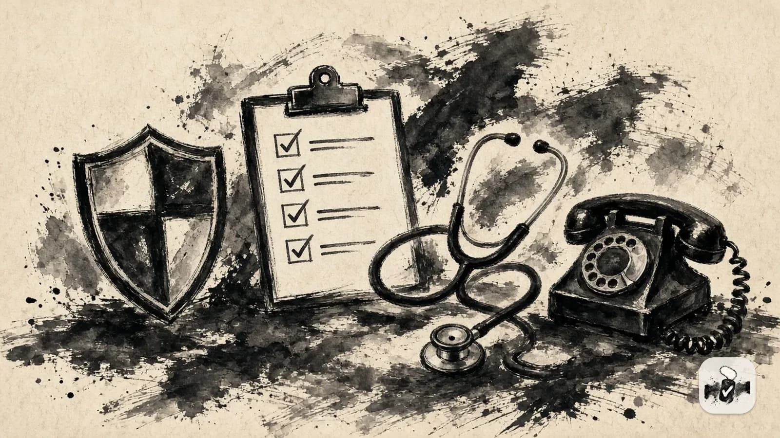 Ink wash of a shield, a checked clipboard, a stethoscope, and a rotary telephone.