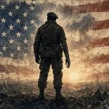 Painted silhouette of a soldier seen from behind, standing at sunrise with a mechanical prosthetic arm and hand, under a large painted American flag.