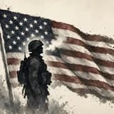 Painted silhouette of a soldier in helmet and pack, face tilted up, with a cloud of cold breath rising from his mouth beside a waving flag on a pole.