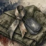 Painted illustration of a folded olive-drab uniform with an awareness ribbon tied around it and a pair of dog tags resting on top, on aged parchment with navy and red splatters.