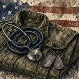 Painted illustration of a stethoscope and a pair of dog tags resting on a folded camouflage jacket against a faded, painted American-flag backdrop.