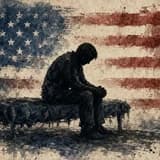Painted dark silhouette of a person slumped on the edge of a cot, head bowed and hands clasped, exhausted against a faded, painted American-flag backdrop.