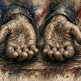 Painted illustration of a pair of weathered, work-worn open hands held palms up on a dark wooden table against a faded, painted American-flag backdrop.