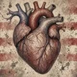 Painted anatomical heart with the great vessels at the top, against a faded American-flag backdrop.