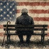 Painted illustration of an older man seen from behind, seated alone on a park bench with a wooden cane leaning beside him against a faded, painted American-flag backdrop.