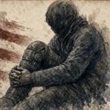 Painted illustration of a seated figure in dark clothing, head bowed, both hands clasped around a hinged, braced knee against a faded, painted American-flag backdrop.