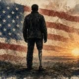Painted silhouette of a soldier seen from behind, standing on rocky ground at sunrise with a metal prosthetic leg, under a large painted American flag.