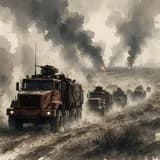 Painted line of military trucks raising dust on a desert road, with tall plumes of dark smoke on the horizon.