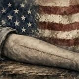 Painted illustration of a bare forearm resting on a dark wooden surface with a long, healed surgical scar along it and a rolled-up military sleeve at the left against a faded, painted American-flag backdrop.