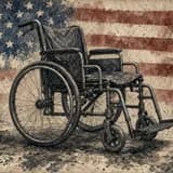 Painted illustration of an empty dark manual wheelchair against a faded, painted American-flag backdrop.