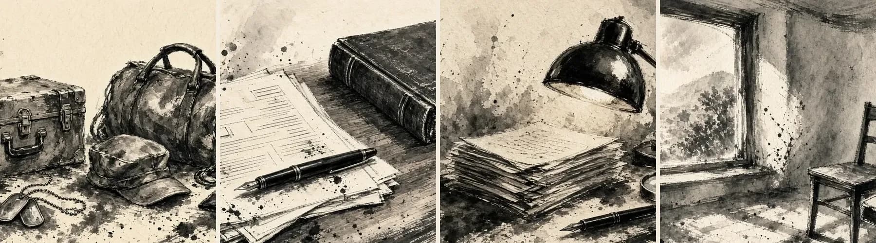 Ink-wash banner in four panels: a footlocker, duffel bag, patrol cap, and dog tags; a stack of forms with a fountain pen and a ledger; a stack of papers under a desk lamp with a fountain pen; and an exam room with a wooden chair and a window onto hills and trees.