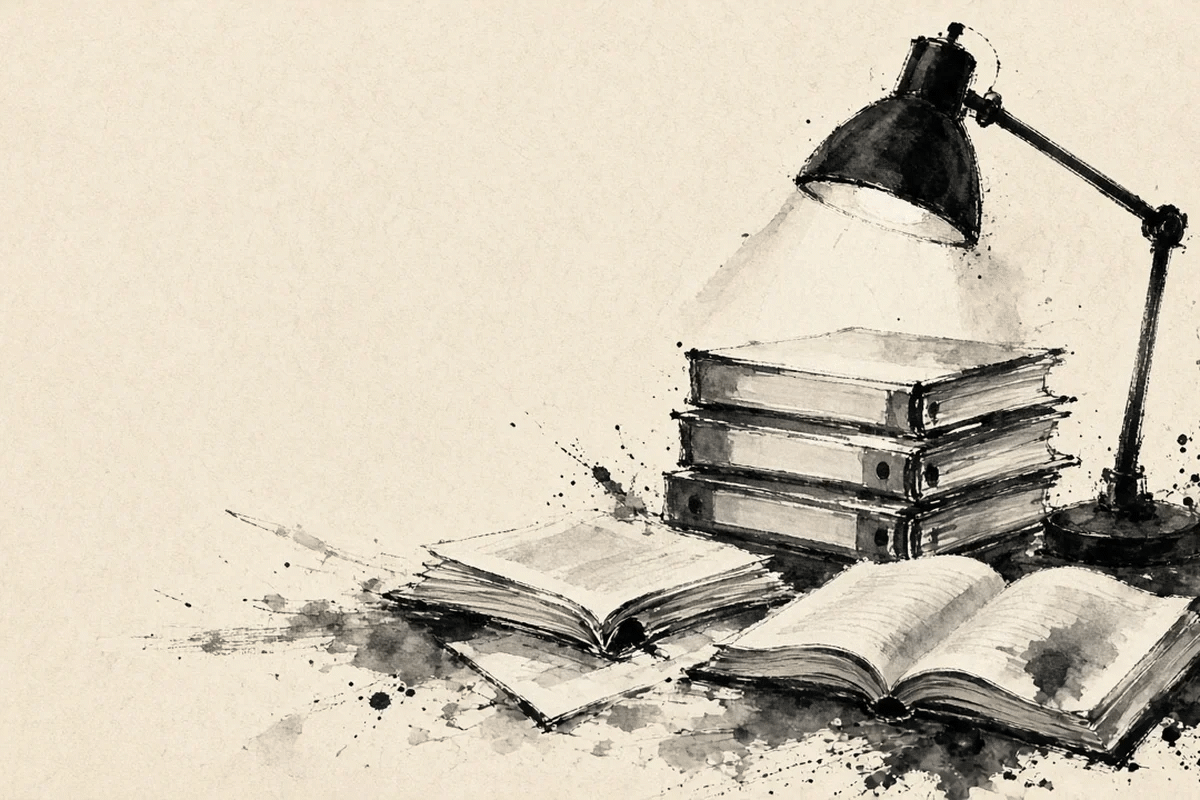 Ink wash of a desk lamp lighting a stack of books and open volumes.