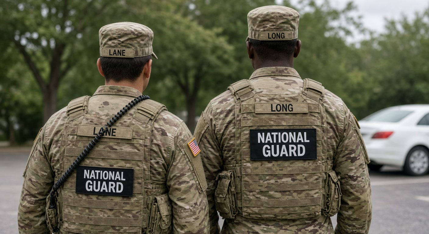 Two National Guard members in camouflage uniforms viewed from behind, with NATIONAL GUARD patches on their tactical vests.