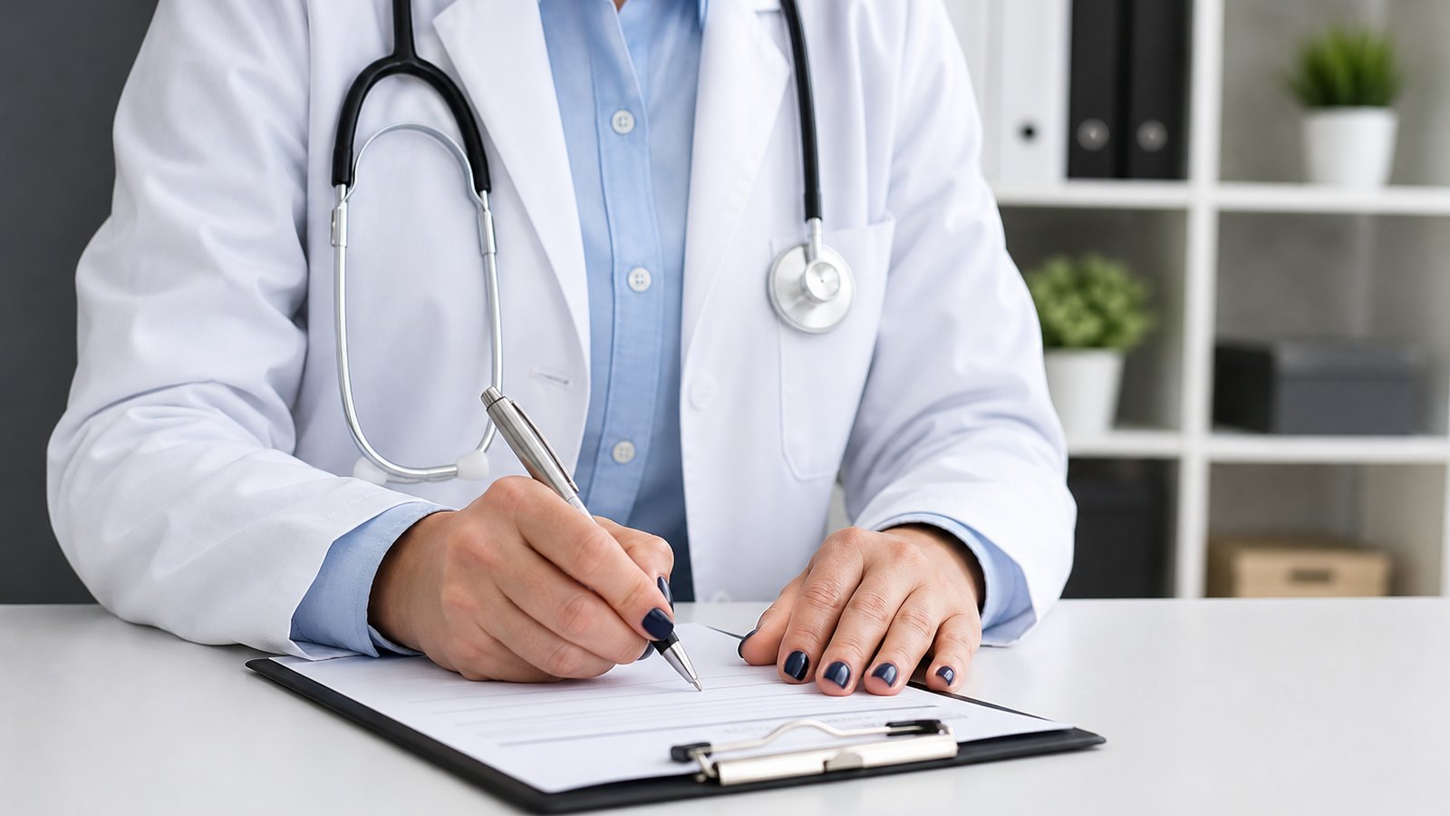 Clinician in a white coat writing on a clipboard in a medical office