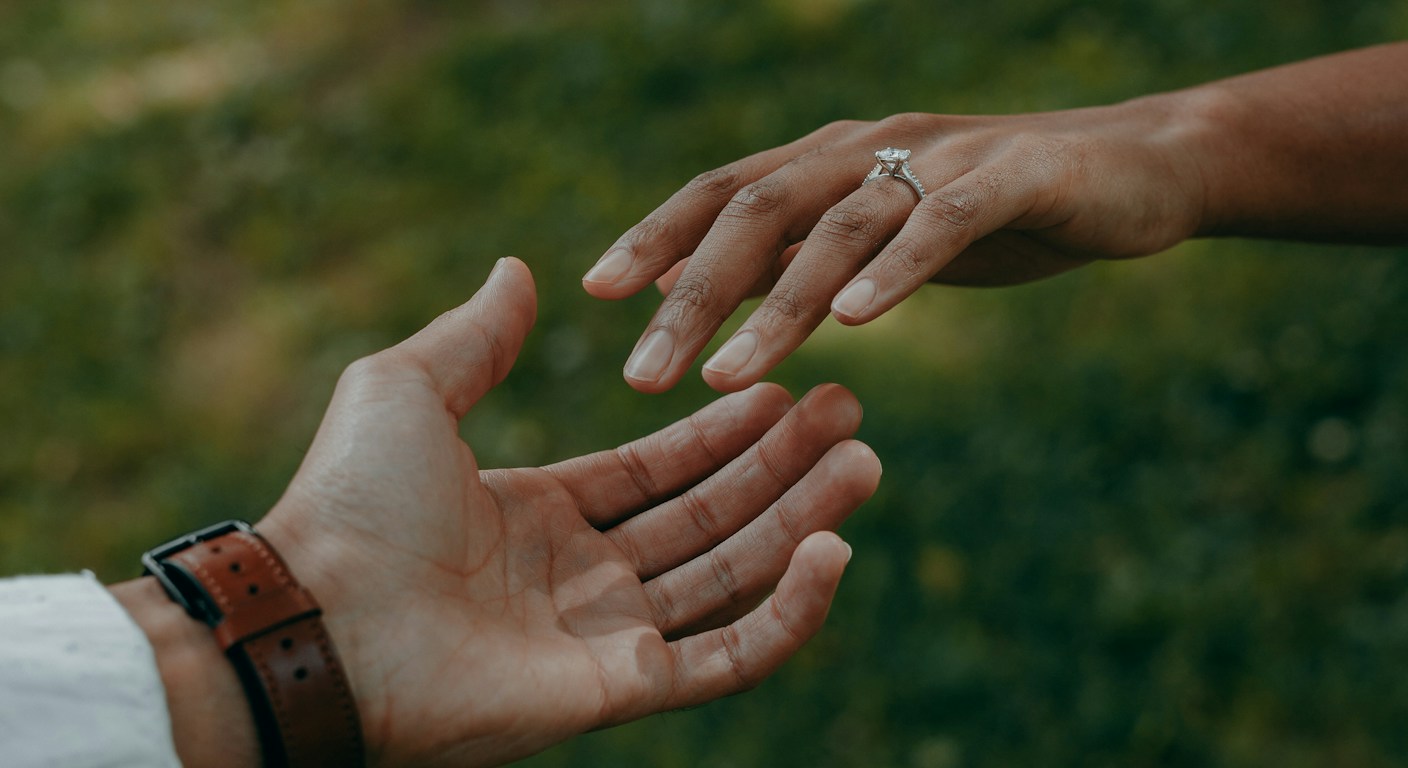 Two hands reaching toward each other outdoors — one wearing a wedding ring, soft green background.