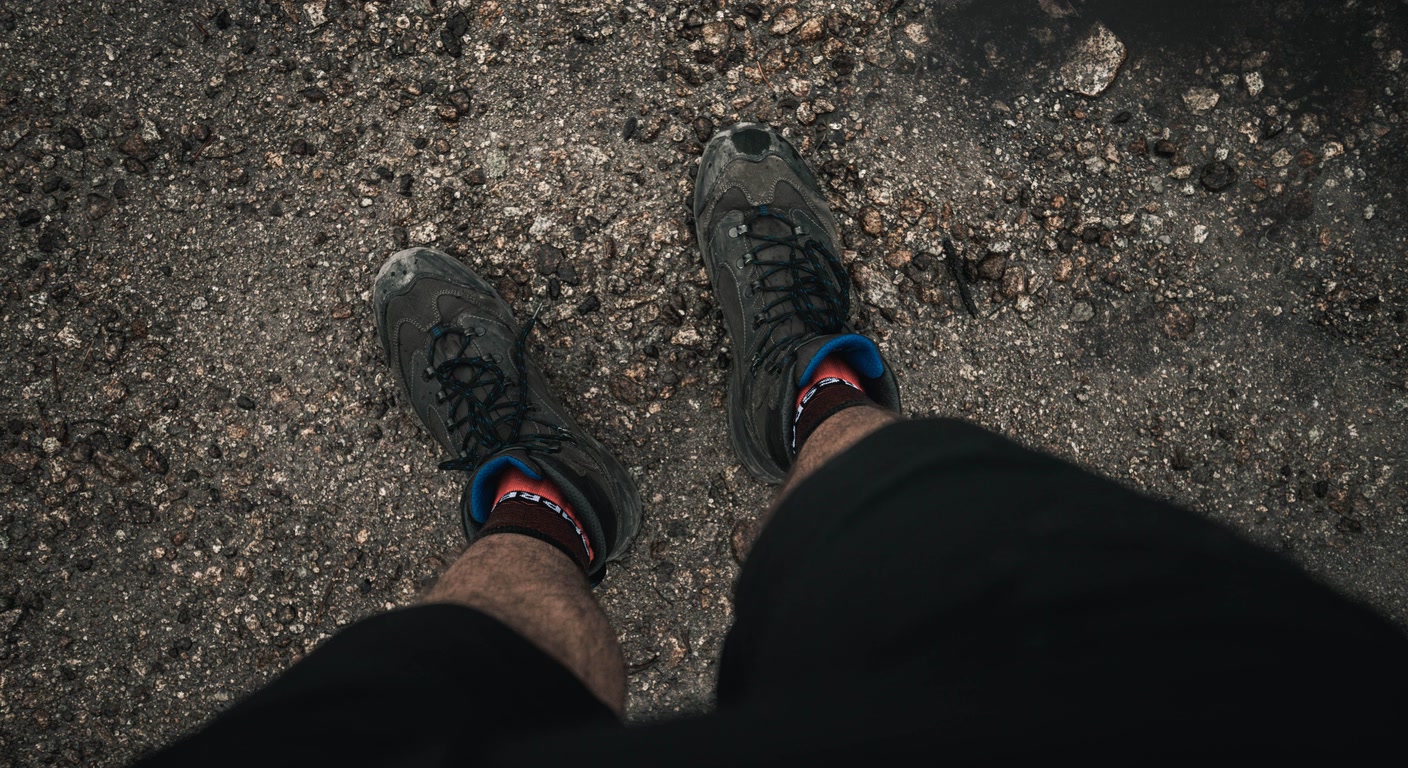 First-person view of a pair of dusty hiking boots and both lower legs standing on a gravel dirt trail