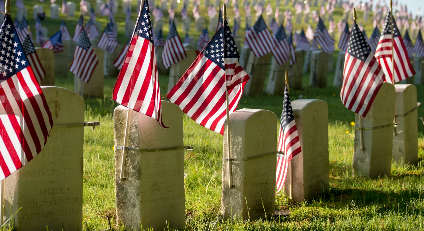 Quiet hillside of white headstones with small American flags (Unsplash photo by Justin Casey)