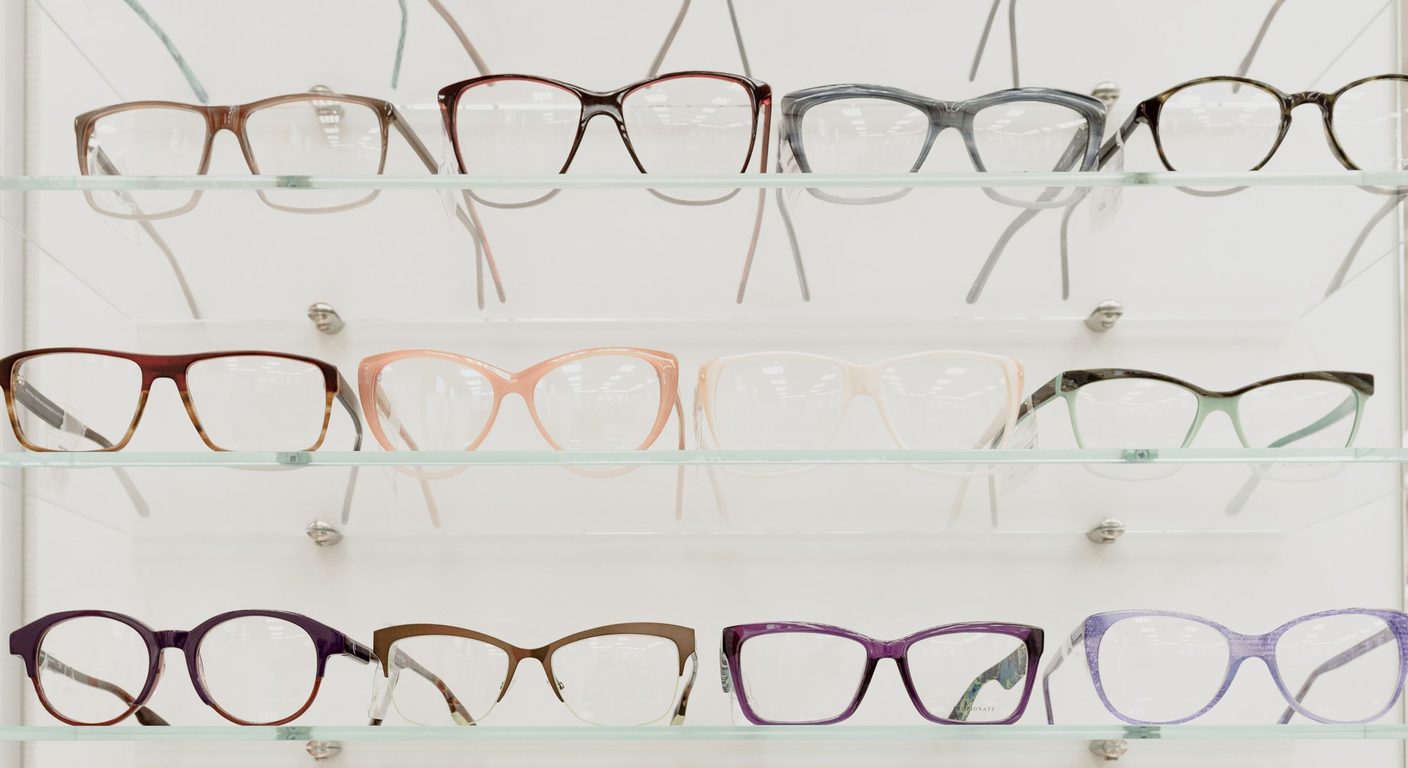 Rows of eyeglass frames on glass shelves in a brightly lit optical display.