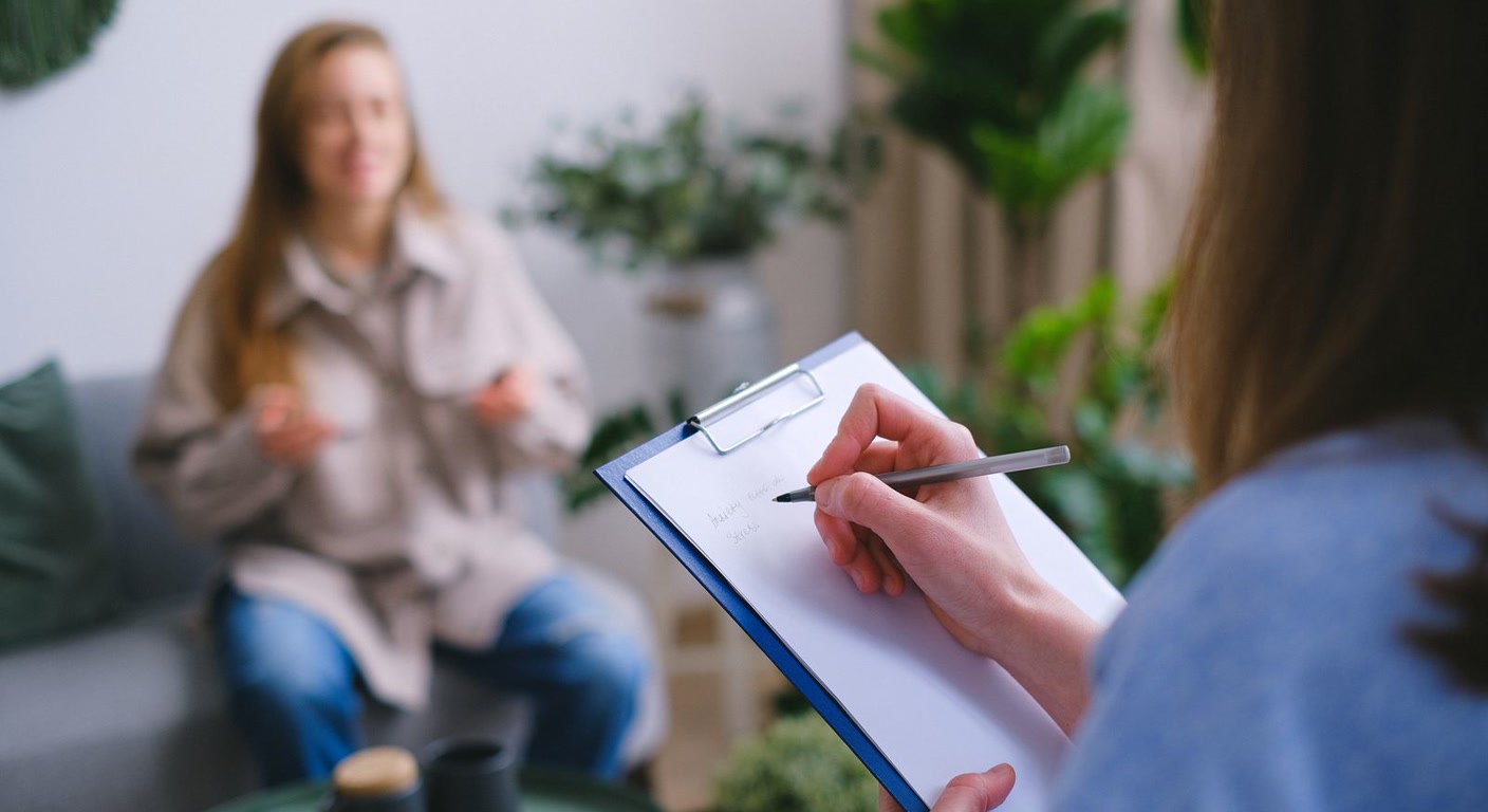 Over-the-shoulder view of a counselor writing on a clipboard while another person sits on a sofa during an evaluation conversation.