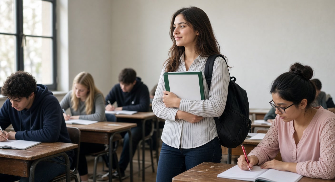 College classroom with a student standing with a backpack and folder while classmates write at desks.