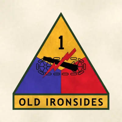1st Armored Division (Army) combat service identification badge, redrawn in ink and watercolor from the public-domain reference image