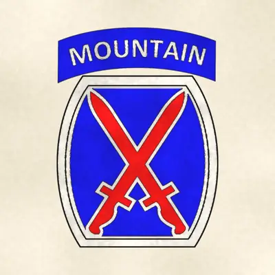 10th Mountain Division (Army) shoulder sleeve insignia, redrawn in ink and watercolor from the public-domain reference image