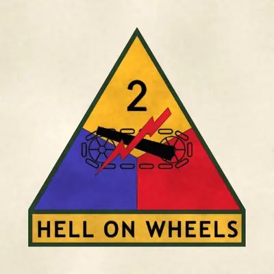 2nd Armored Division (Army) combat service identification badge, redrawn in ink and watercolor from the public-domain reference image