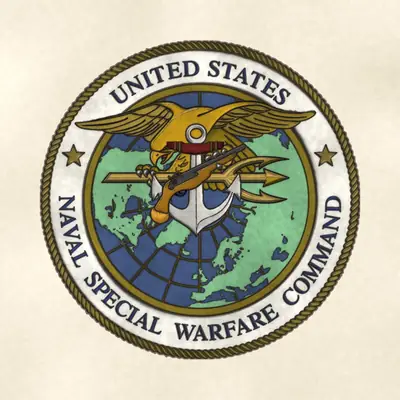 Naval Special Warfare Command (Navy) command seal / emblem, redrawn in ink and watercolor from the public-domain reference image