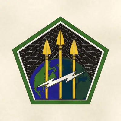 U.S. Army Cyber Command (Army) shoulder sleeve insignia, redrawn in ink and watercolor from the public-domain reference image